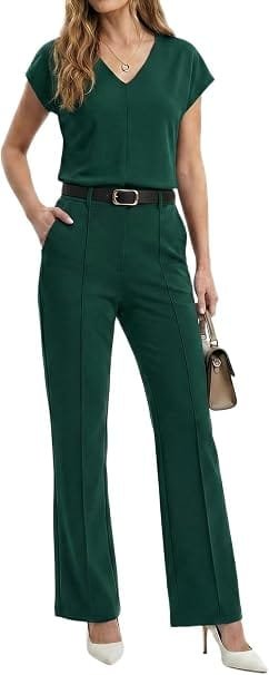 Full-length studio photography of a model wearing the GRECERELLE 2026 Women's Spring & Summer Casual 2 Piece Set in rich dark green, featuring a short-sleeve V-neck top and matching belted high-waisted pants designed for work and daily wear.