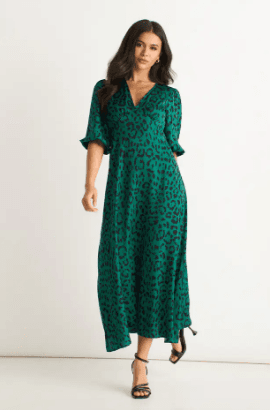 Best Midi Dresses Under £60 for Summer 2026 12 Green animal print satin midi dress, green evening midi dress, stylish green party dress for women.