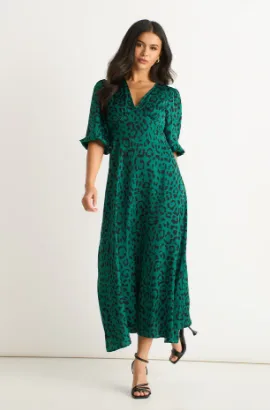 Green animal print satin midi dress, green evening midi dress, stylish green party dress for women.