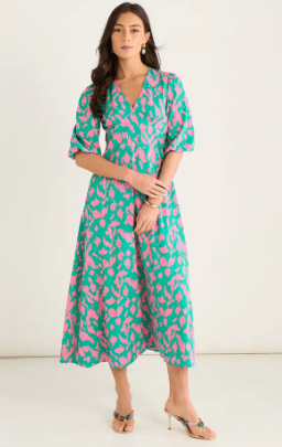 Best Midi Dresses Under £60 for Summer 2026 13 Green animal print v-neck shift midi dress, green evening midi dress, stylish green party dress for women.