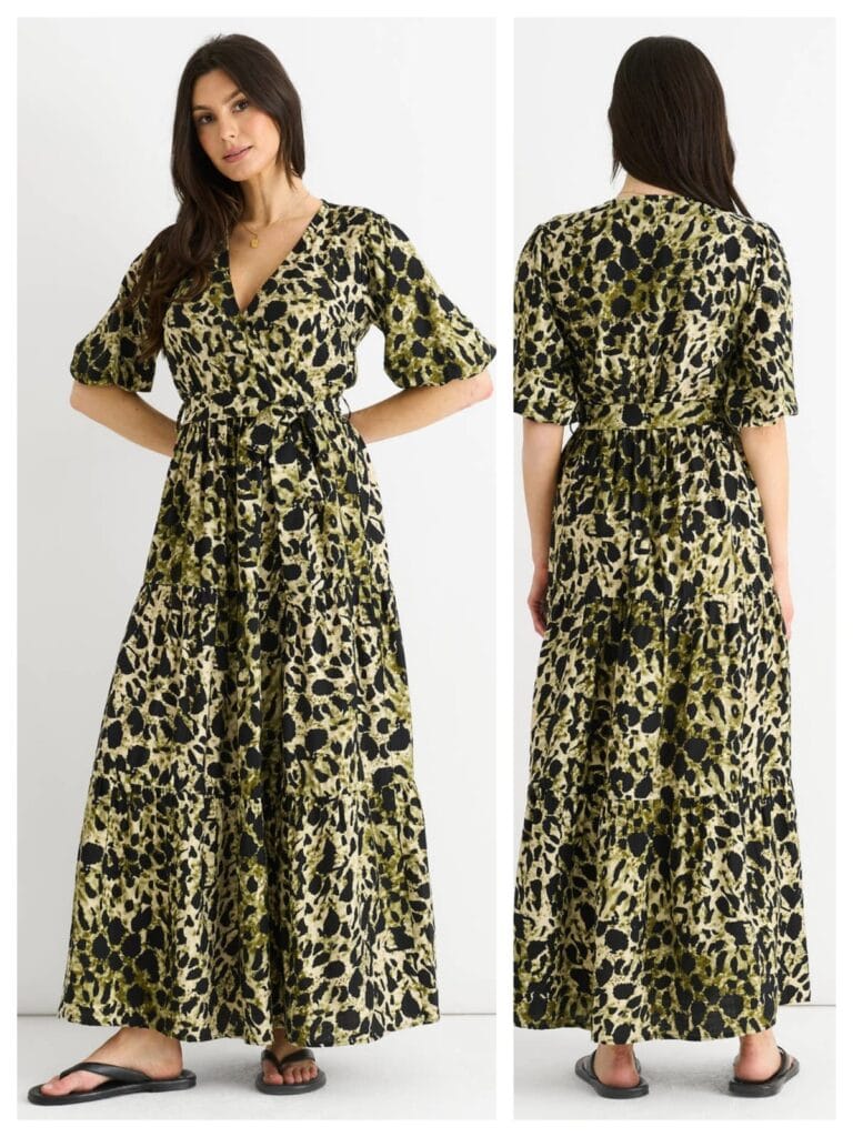 Green animal print wrap skater midi dress, a trendy choice from our 2026 modest fashion collection.