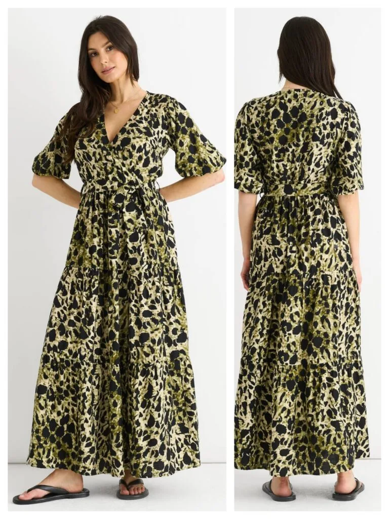 Best Long Sleeve Midi Dresses for Women: Modest Styles 5 Green animal print wrap skater midi dress, a trendy choice from our 2026 modest fashion collection.