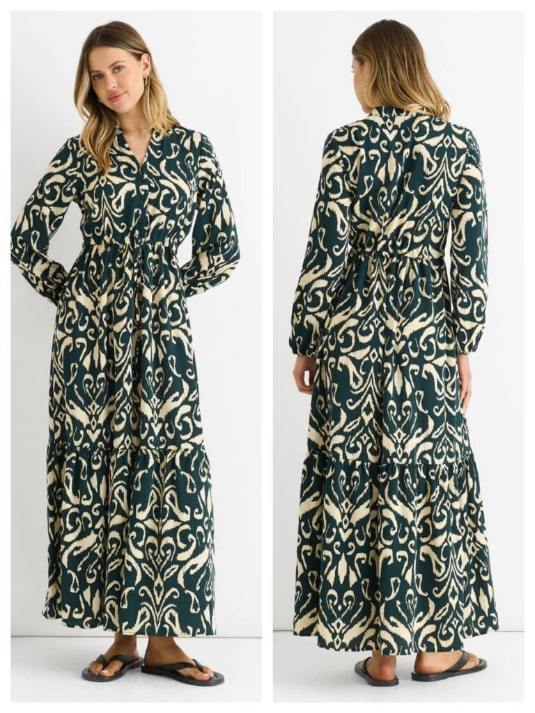 Green Ikat print tie-waist maxi dress, an essential style from our list of the 10 best modest dresses for 2026.