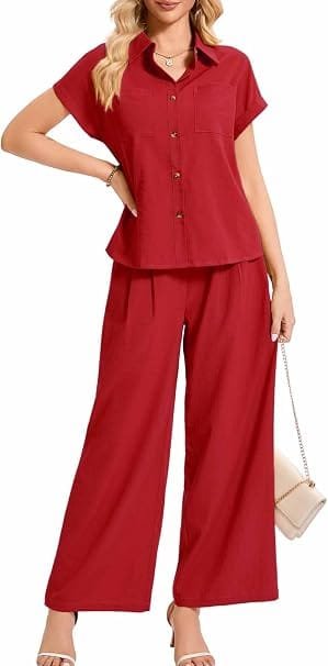 Full-length studio photography of a model wearing the HMICQU Summer Two Piece Sets Button Down Shirt and Wide Leg Pants Work Matching Outfits For Women Dressy in vibrant red, highlighting the collared button-down top and matching wide-leg trousers designed for work and formal summer events.