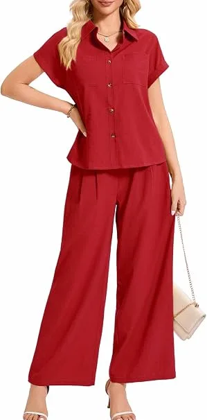 Full-length studio photography of a model wearing the HMICQU Summer Two Piece Sets Button Down Shirt and Wide Leg Pants Work Matching Outfits For Women Dressy in vibrant red, highlighting the collared button-down top and matching wide-leg trousers designed for work and formal summer events.