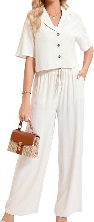 Full-length studio photography of a model wearing the HMICQU Women's Linen 2 Piece Sets Summer Business Casual Outfits in soft beige, featuring a button-down short sleeve lapel shirt and matching wide-leg trousers designed for summer work and casual wear.
