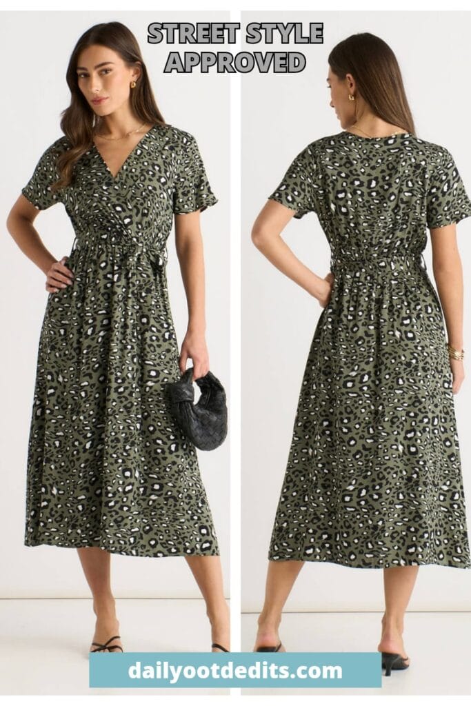 A trendy khaki short-sleeve animal print A-line midi dress, featuring a wrap-front style that is both affordable and chic for the 2026 fashion season.