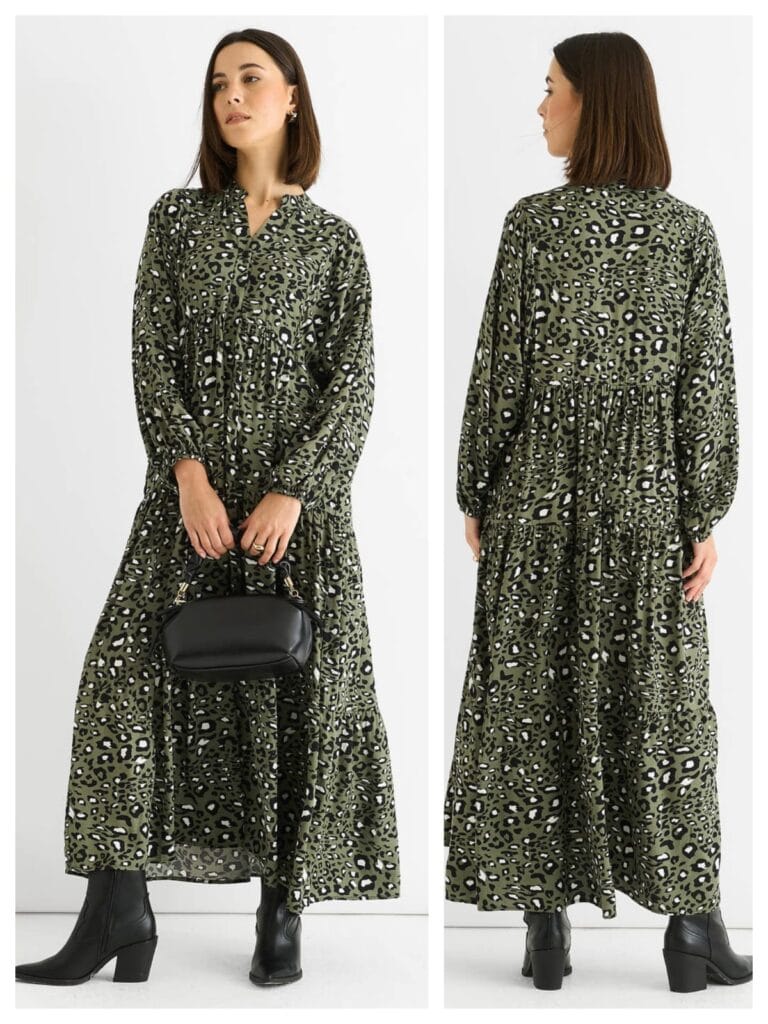 Khaki viscose animal print oversized smock maxi dress, featured in our 2026 guide to the 10 best modest dresses.