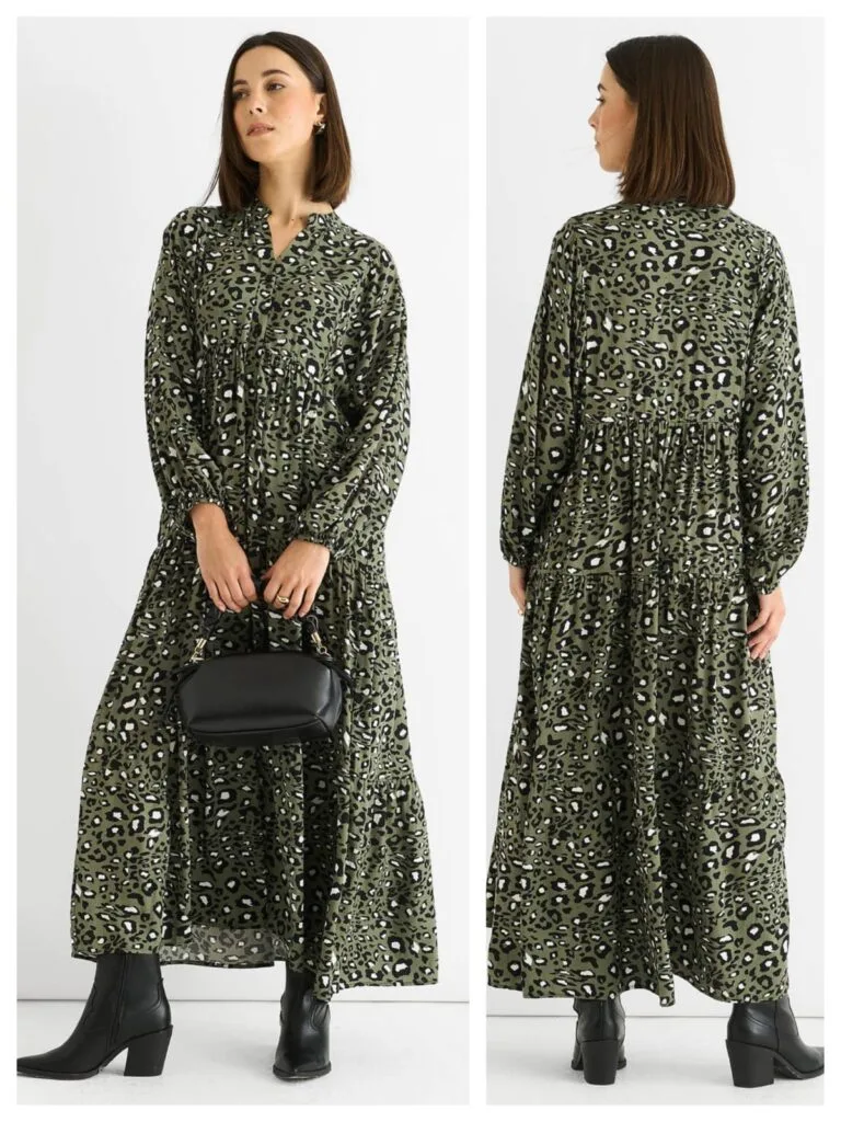 Best Long Sleeve Midi Dresses for Women: Modest Styles 8 Khaki viscose animal print oversized smock maxi dress, featured in our 2026 guide to the 10 best modest dresses.