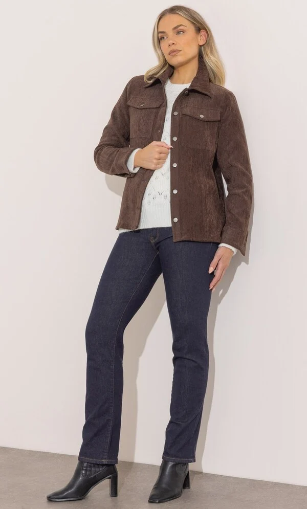 The Perfect Office Capsule Wardrobe: 2026 Work Essentials Guide 16 Studio shot of a model wearing the Klass chestnut textured button jacket in a velvet chenille-look fabric with a collar and shoulder pads, styled for a 2026 office capsule wardrobe.