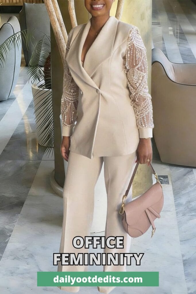 Elegant women’s business casual set featuring a blazer with lace sleeves and matching trousers for office wear.