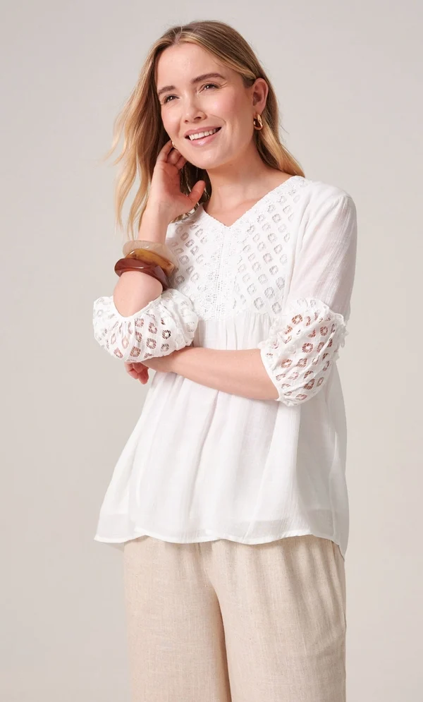 2026 Summer Wardrobe Capsule: Best Essential Pieces 19 A smiling model wearing the white Lace Trimmed Top featuring a V-neckline, 3/4 sleeves, and romantic lace panel accents, styled as a chic staple for a Soft summer capsule wardrobe.