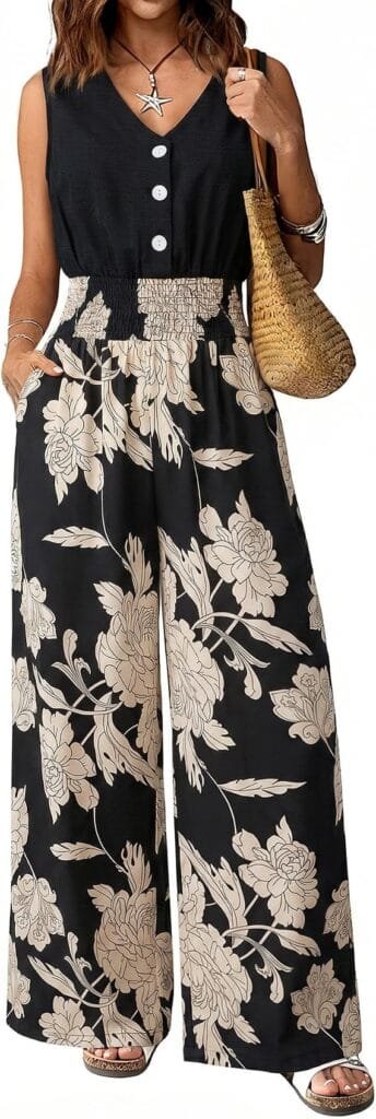 How to Style a Party Dress: Best Looks for Any Occasion 13 Full-length view of a model wearing the LOOKBOHO black floral sleeveless wide-leg jumpsuit featuring natural shell buttons and a smocked waist, styled for an elegant evening cocktail party.