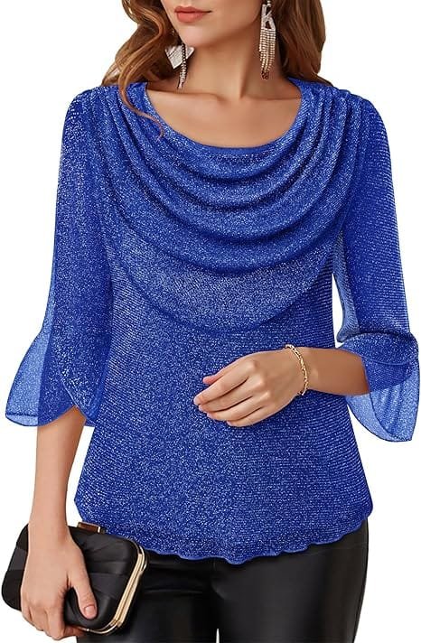 How to Style a Party Dress: Best Looks for Any Occasion 9 sparkly cowl neck evening blouses, 3/4 sleeve dressy party tops 2026, shimmering mesh holiday outfits.Full-length product view of a model wearing the LOTUSMILE royal blue sparkly cowl neck blouse with sheer 3/4 flared sleeves, styled with black trousers for an upscale evening party.