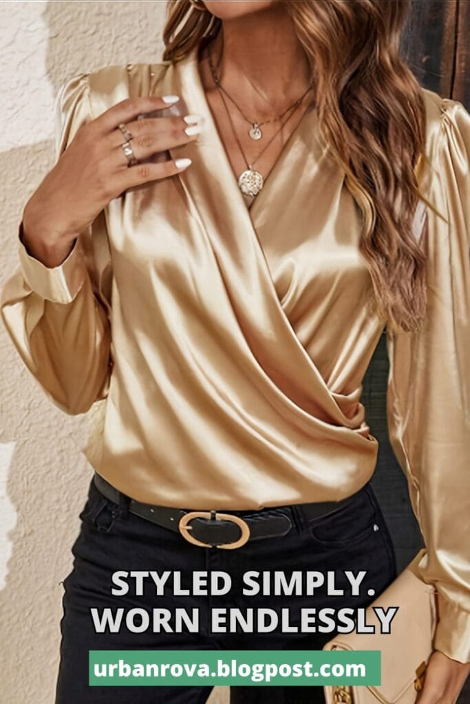 Zeagoo luxe satin surplice neck blouse styled as part of a 2026 summer capsule wardrobe.