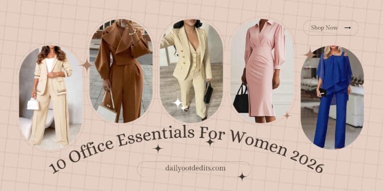 Collage of 5 best modern corporate style office outfits for professional women