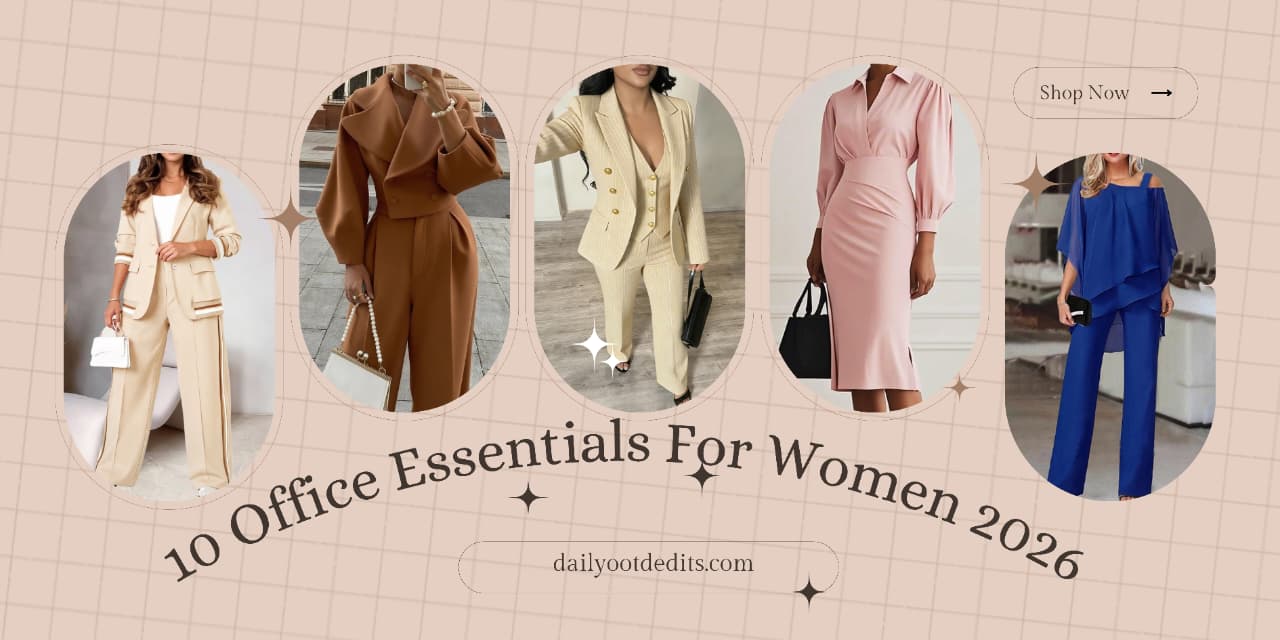 Collage of 5 best modern corporate style office outfits for professional women