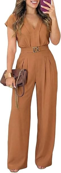 How to Style a Party Dress: Best Looks for Any Occasion 11 Full-length view of a model wearing the Pink Queen camel-colored short-sleeve wide-leg jumpsuit featuring a metal-buckle waist belt and V-neck, styled for an elegant evening cocktail party.