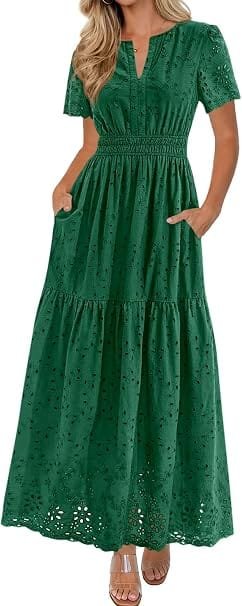 How to Style a Party Dress: Best Looks for Any Occasion 8 Full-length view of a model wearing the PRETTYGARDEN emerald green cotton eyelet maxi dress featuring a V-neck, smocked waist, and short sleeves, styled for an outdoor summer evening event.