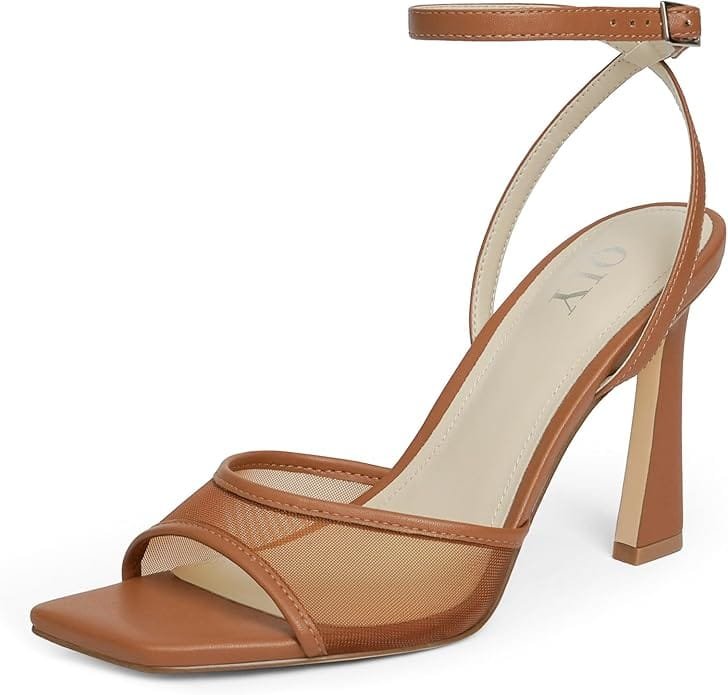 How to Style a Party Dress: Best Looks for Any Occasion 12 Full-length product view of the QIY brown mesh strappy stiletto high heels featuring an open square toe and ankle strap, styled for an elegant evening cocktail party