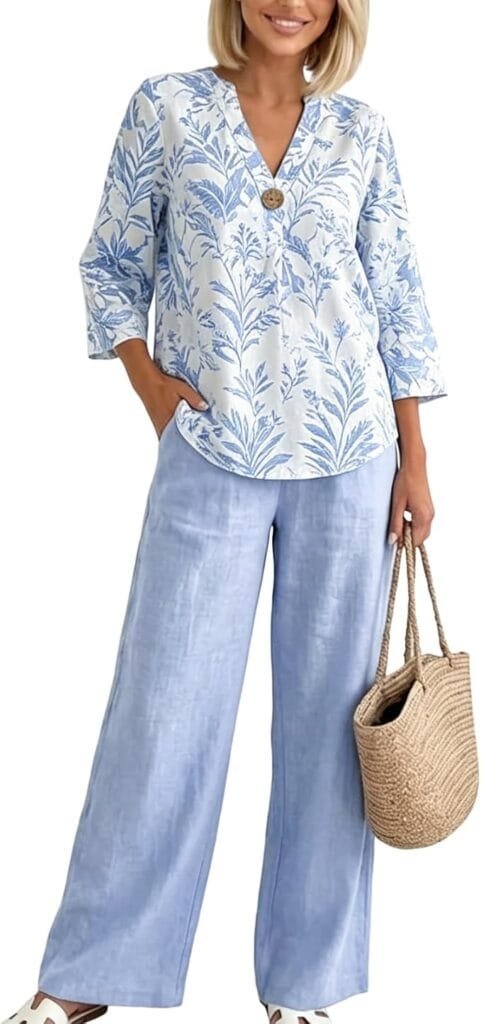 Full-length lifestyle photography of a model wearing the QXE Two Piece Set for Women in light blue, featuring a 3/4 sleeve Henley top with a blue botanical print and matching wide-leg trousers ideal for travel and resort lounging.
