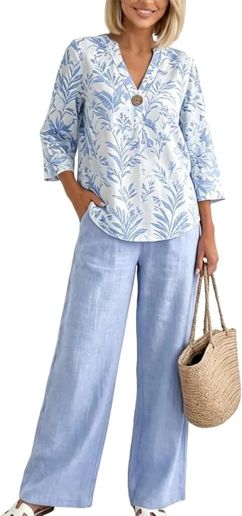 Full-length lifestyle photography of a model wearing the QXE Two Piece Set for Women in light blue, featuring a 3/4 sleeve Henley top with a blue botanical print and matching wide-leg trousers ideal for travel and resort lounging.
