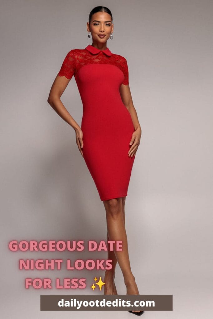 Elegant red lace detail bodycon midi dress, a stunning and affordable date night outfit idea.
