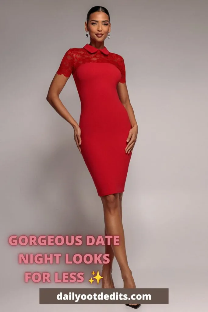 Elegant red lace detail bodycon midi dress, a stunning and affordable date night outfit idea.