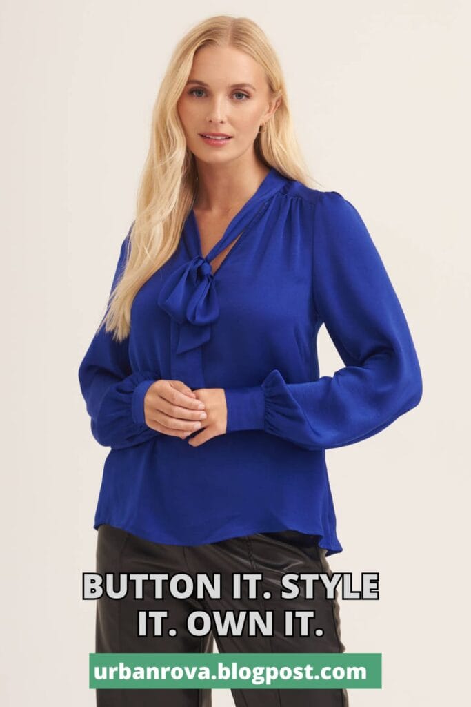 Gini London royal blue tie-neck long-sleeve top styled for a 2026 summer capsule wardrobe.