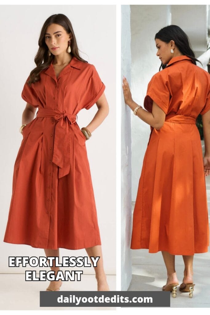 A stylish rust-colored cotton button-through A-line midi dress with a belted waist, offering an affordable and versatile look for the 2026 summer season