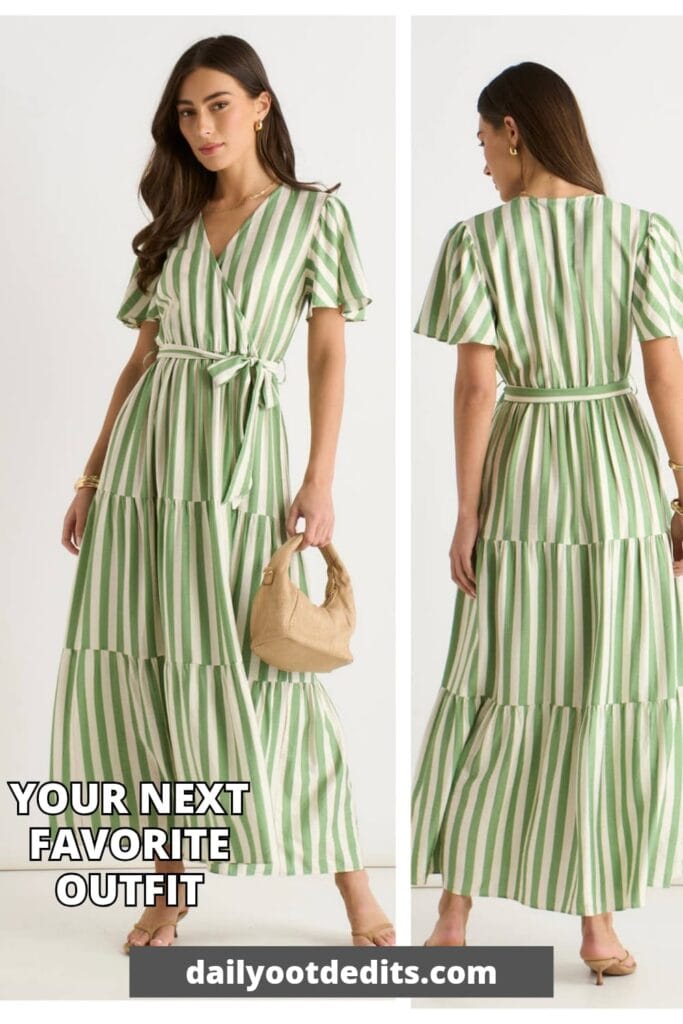 A trendy sage green A-line midi dress with a belted wrap waist, styled for a 2026 summer look, making it an affordable and chic addition to any wardrobe.
