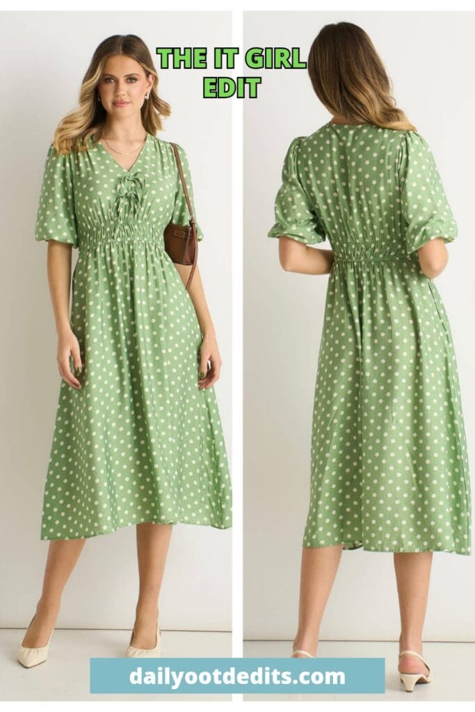 A trendy sage green spot print A-line midi dress featuring a flattering shirred waist, perfect for an affordable and chic 2026 summer outfit.