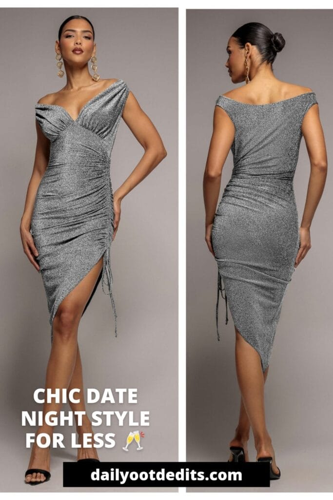 Stunning silver off-the-shoulder midi dress for an affordable and stylish date night outfit
