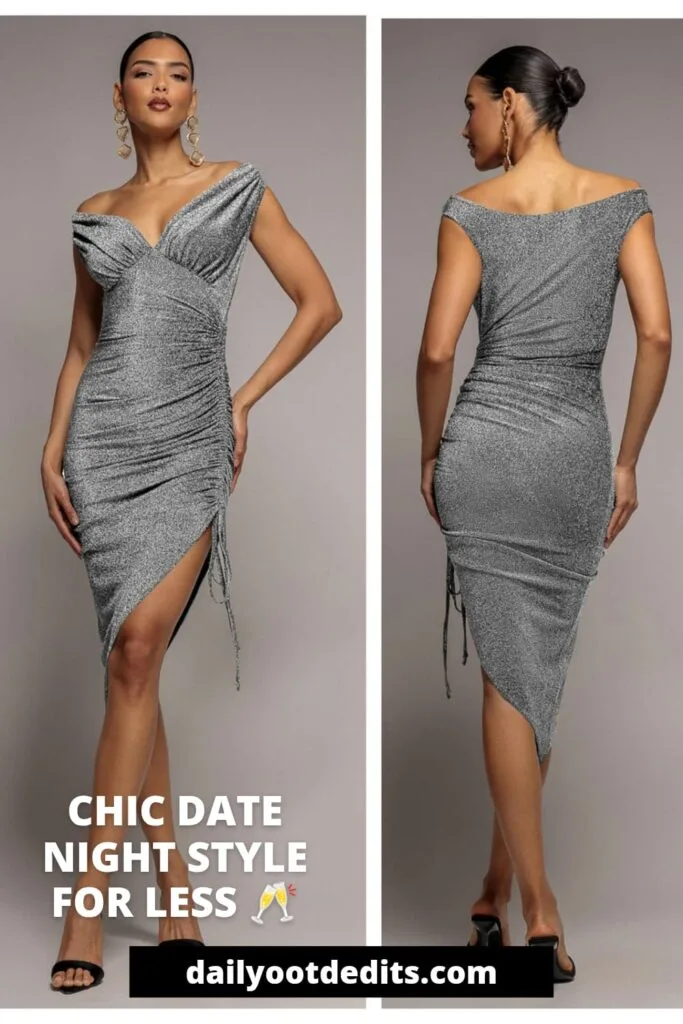 Stunning silver off-the-shoulder midi dress for an affordable and stylish date night outfit