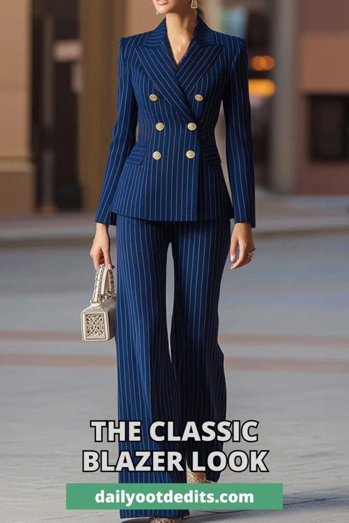 Professional women's pinstripe matching blazer and pants set for smart-casual office attire.