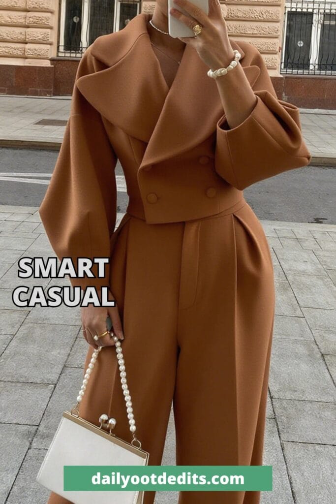 Stylish women's tweed-inspired lapel coat and trouser set for professional office wear.