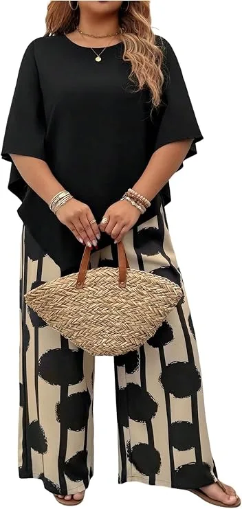 Full-length studio photography of a plus-size model wearing the SOLY HUX Women's Plus Size Summer Vacation Outfits featuring a black half-sleeve asymmetrical blouse and matching printed wide-leg trousers designed for summer resort and vacation wear.