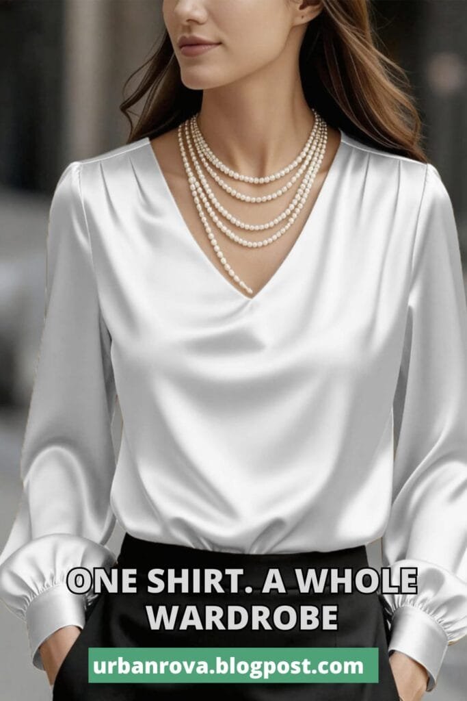 The Perfect Office Capsule Wardrobe: 2026 Work Essentials Guide 9 A woman wearing a sleek white smooth satin blouse with a sophisticated drape.