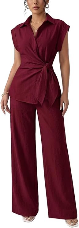 How to Dress for Summer Brunch Outfits: Chic & Easy Outfit Ideas 3 A stylish woman wearing the Volemo Womens Dressy Two Piece Sets Cap Sleeve Tie Waist Shirt Wide Leg Pants in rich wine, highlighting a dressy casual outfit ideal for summer brunch styling.