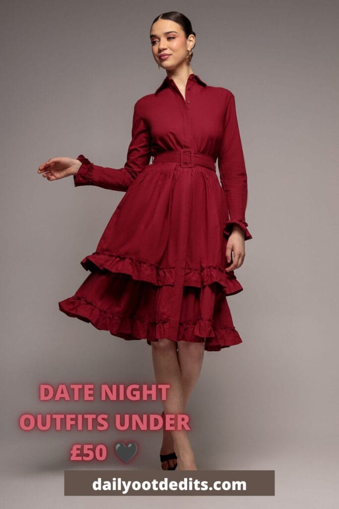 Stylish wine-colored tiered shirt dress with belt, a perfect affordable date night outfit