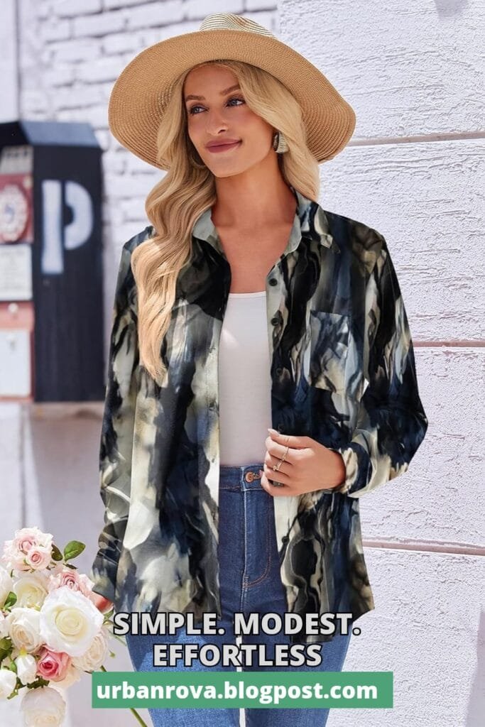 The Perfect Office Capsule Wardrobe: 2026 Work Essentials Guide 7 A woman wearing a stylish floral print long-sleeve button-down blouse with a pocket.
