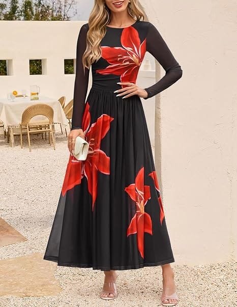How to Style a Party Dress: Best Looks for Any Occasion 7 Full-length view of a model wearing the ZESICA black long-sleeve maxi dress featuring a bold red floral print, crewneck, and ruched waist, styled for an elegant winter evening party.