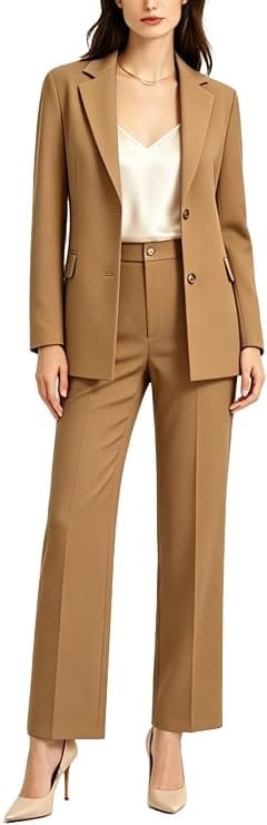 The Complete Business Casual Guide for Women (2026) 3 Woman wearing a brown blazer and straight-leg pantsuit, a versatile women's business casual outfit for the office in 2026