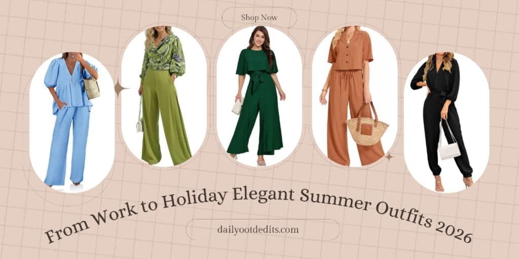 Fashion models wearing elegant summer outfits 2026 including chic linen sets, maxi dresses, and wide-leg trousers for work, weekends, and holidays. about daily ootd edits