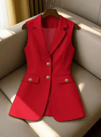 25 Minimalist Capsule Wardrobe Essentials 2026 | Timeless Pieces Every Woman Needs 25 A model wearing a longline blazer vest with gold buttons, styled for a professional business-casual look in a 2026 capsule wardrobe.