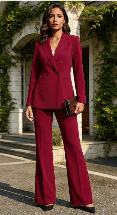 The Complete Business Casual Guide for Women (2026) 5 Woman wearing a red double-breasted blazer and wide-leg pantsuit, a bold women's business casual outfit idea for 2026