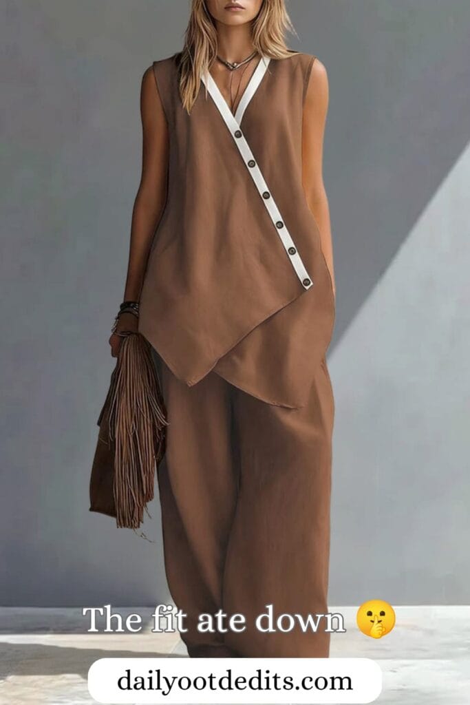 A model wearing the Zeagoo Boho Relaxed-Fit Contrast-Color Slant-Placket Matching Set, showcasing the best in unique and trendy Womens Summer Dresses 2026 fashion.