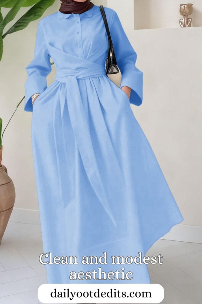 Alt Text: A stylish woman wearing the Zeagoo Casual Cinched-Waist Long-Sleeve Dress in clear blue, showcasing the best in breezy and elegant Womens Summer Dresses 2026 fashion.