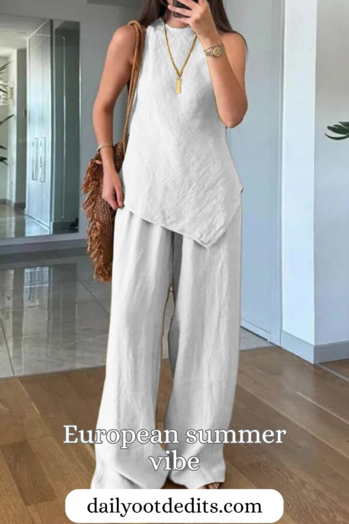 A stylish woman wearing the Zeagoo Daily Comfort Textured Sleeveless 2-Piece Set in white, representing the best in breezy and elegant Womens Summer Dresses 2026 fashion.