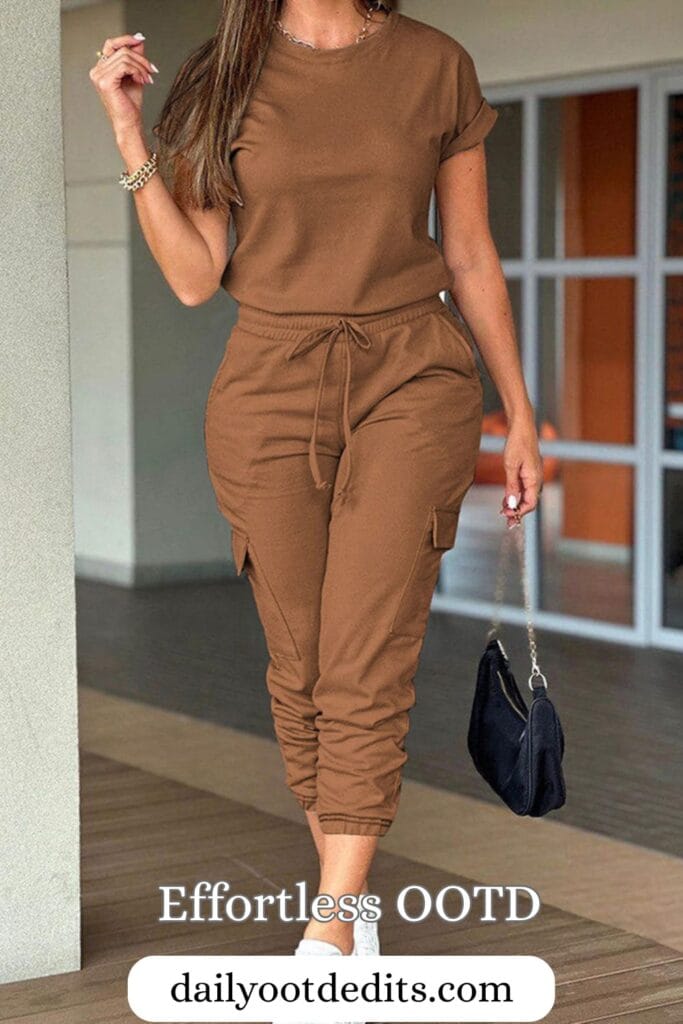 A stylish woman wearing the Zeagoo Essential Simple Cargo-Style Matching Set in brown, showcasing the best in trendy and comfortable Womens Summer Dresses 2026 fashion.